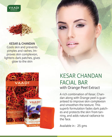VAADI HERBALS Kesar Chandan Facial Bars With Extract Of Orange Peel, 25Gm (Pack Of 6)